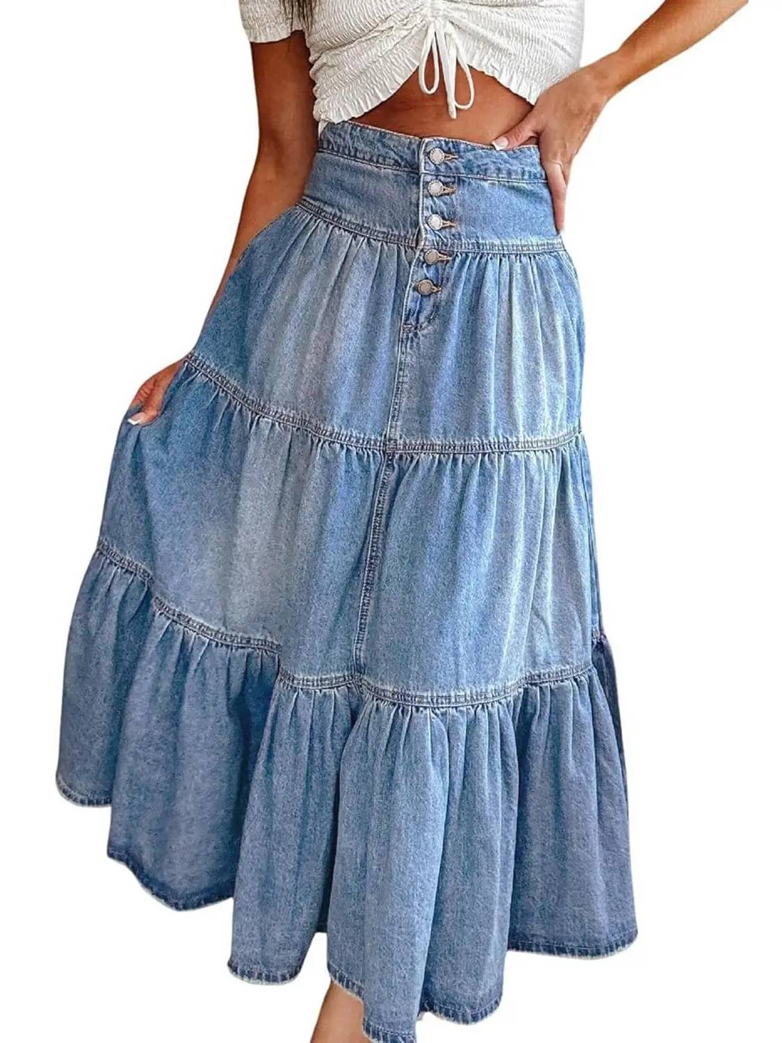 Women's Thick Chic High-Waisted A-Line Cowboy Denim Skirt
