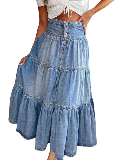 Women's Thick Chic High-Waisted A-Line Cowboy Denim Skirt
