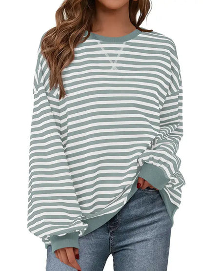 Women Striped Crew Neck Lantern Long Sleeve Loose Sweatshirt Top