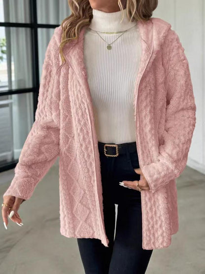 Women's Hooded Cable Texture Fleece Lined Cardigan