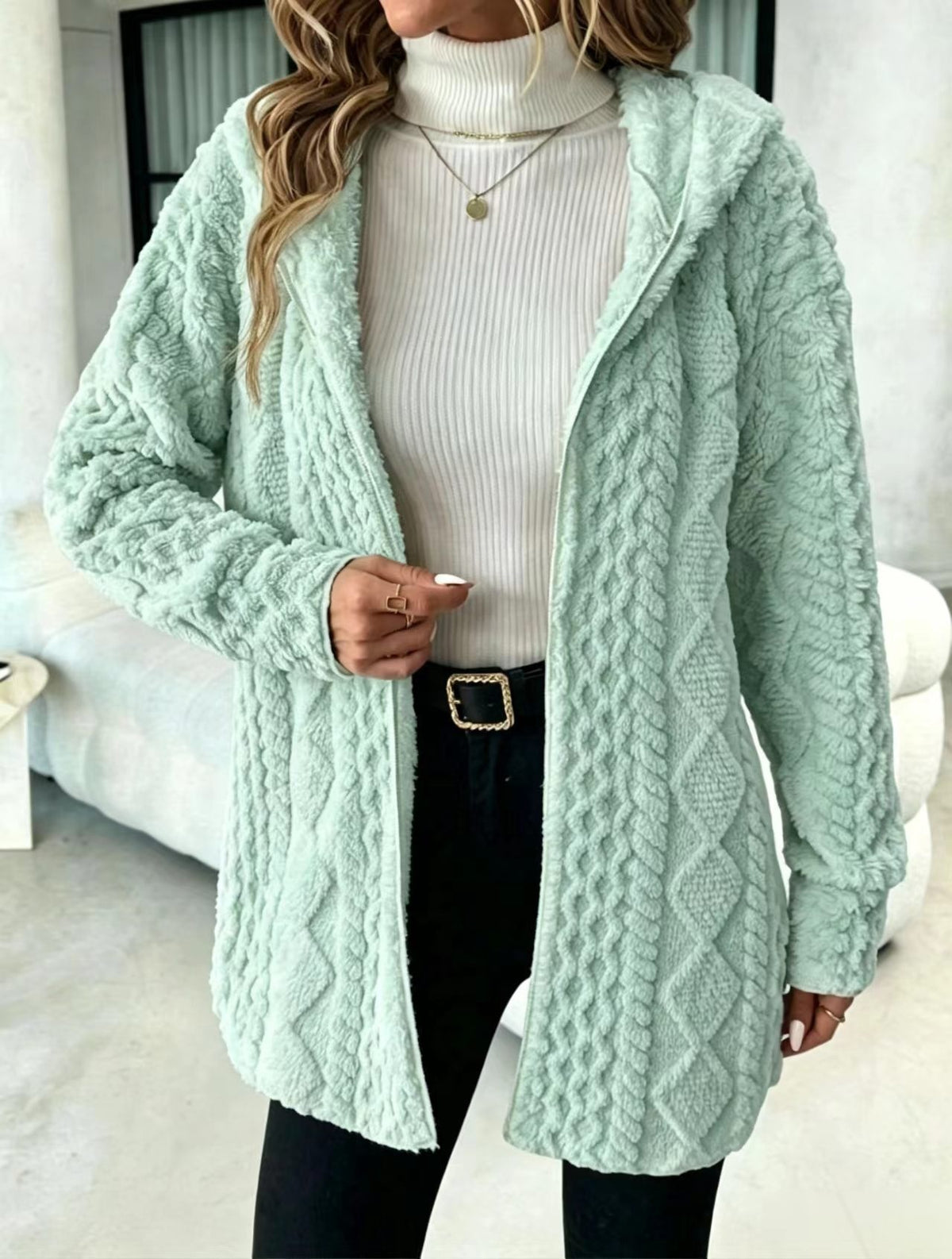 Women's Hooded Cable Texture Fleece Lined Cardigan