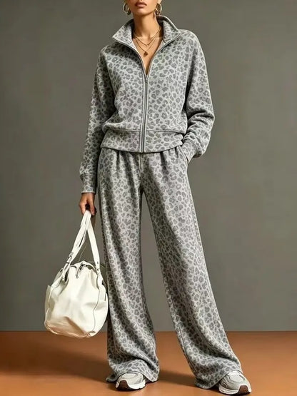 Women's Leopard Print Zip Up Tracksuit Set