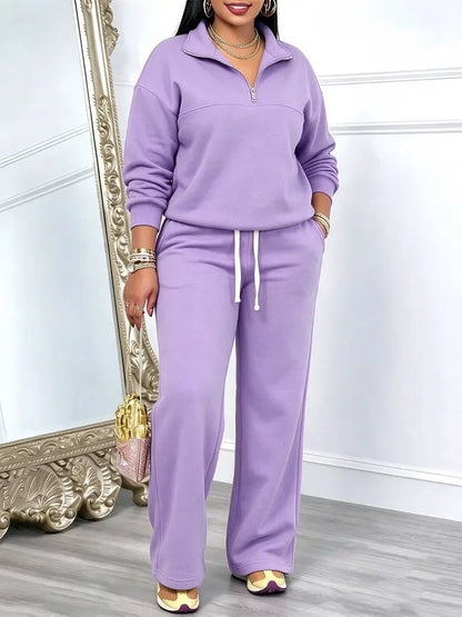 Women Half Zip Fleece Lined Sweatshirt & Wide Leg Sweatpants Set