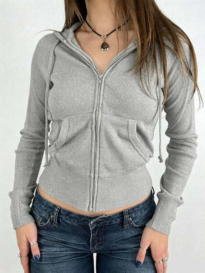 Women's Plain Pocket Drawstring Zip Up Hoodie