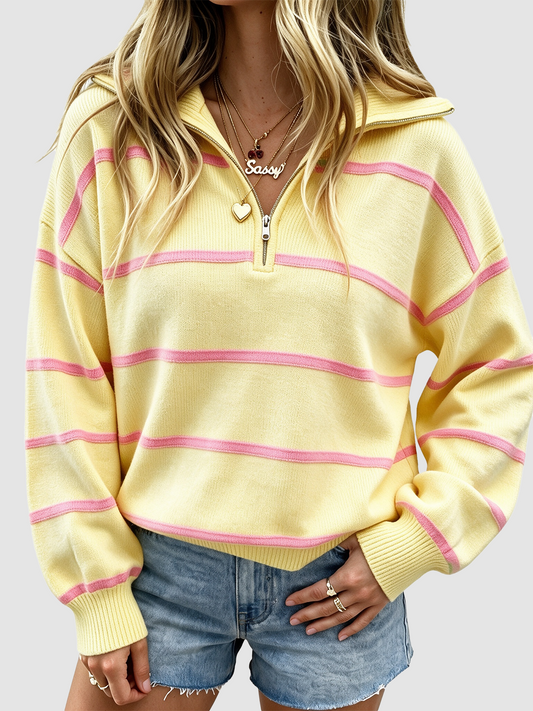 Women's Color Block Striped Quarter Zip Lapel Oversized Knit Pullover