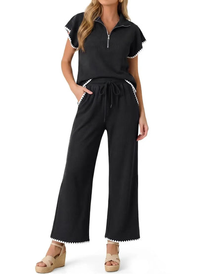Women Short‑Sleeve Half‑Zip Knit Top With Pockets Scalloped Hem Wide Leg Pant Set