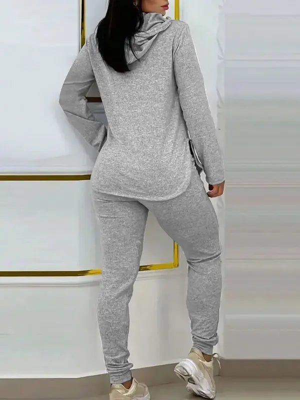 Hot Sale-Solid 2 Piece Hooded Outfit With Curved Hem