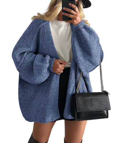 Oversized Lantern Sleeve Open Front Knit Cardigan