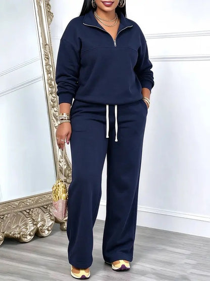 Women Half Zip Fleece Lined Sweatshirt & Wide Leg Sweatpants Set