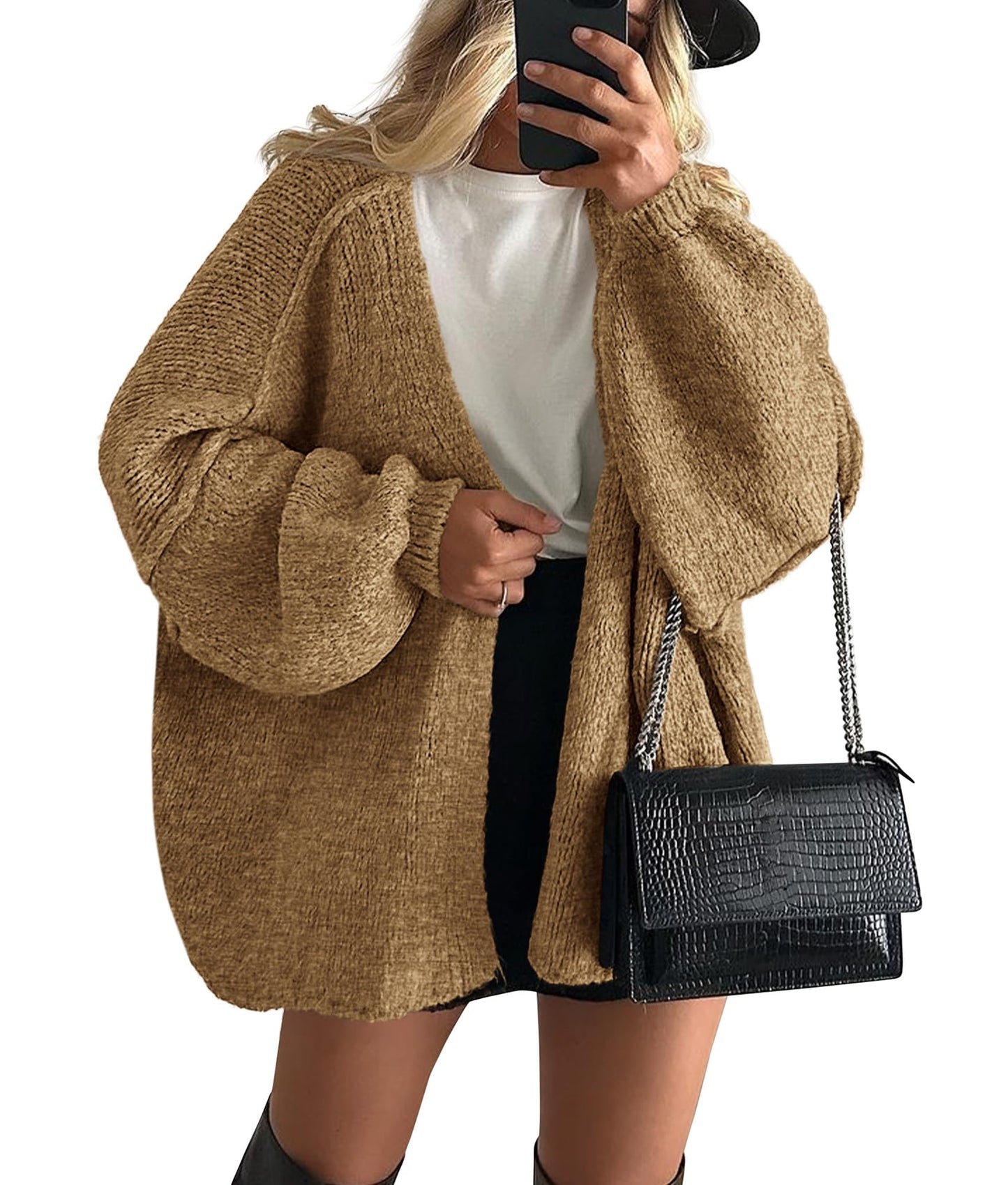Oversized Lantern Sleeve Open Front Knit Cardigan