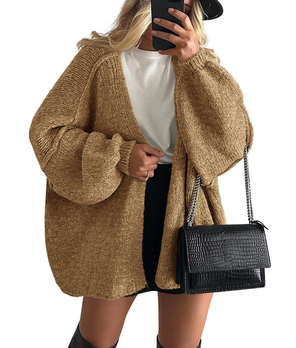 Oversized Lantern Sleeve Open Front Knit Cardigan