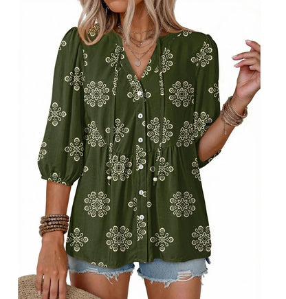 Limited time sale🔥Women's Boho Floral V-Neck Button-Down Peplum Blouse