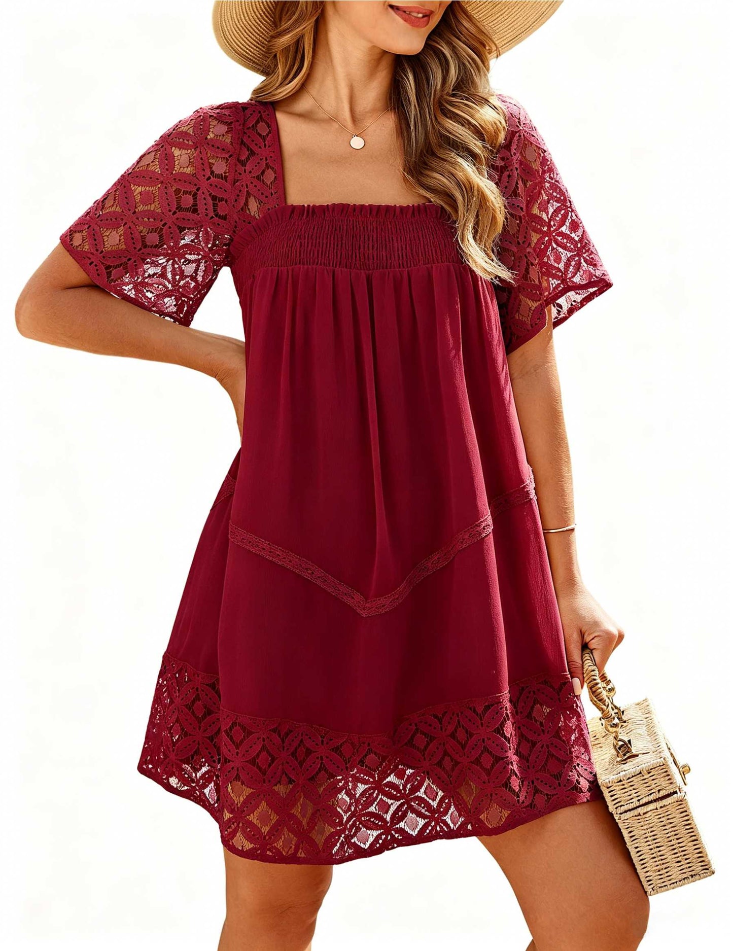 Women's Square Neck Lace Patch A-Line Mini Dress