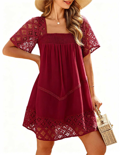 Women's Square Neck Lace Patch A-Line Mini Dress