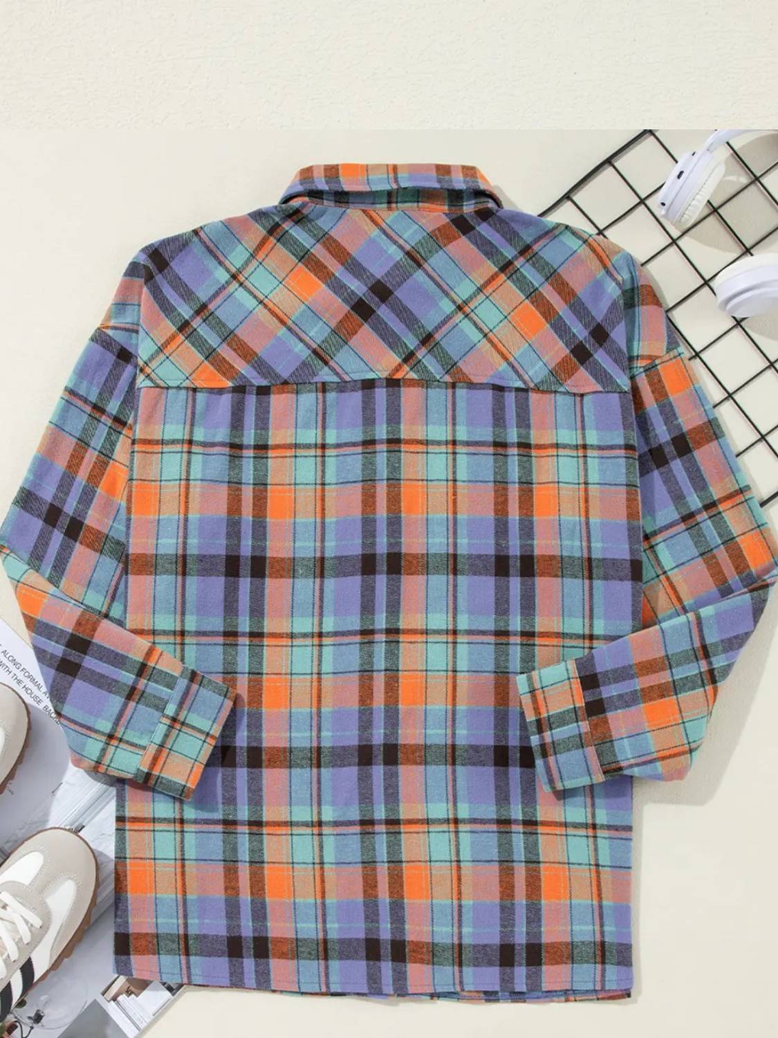 Women Casual Plaid Print Loose Vintage Button Up Cotton Long Sleeve Blouses Tops