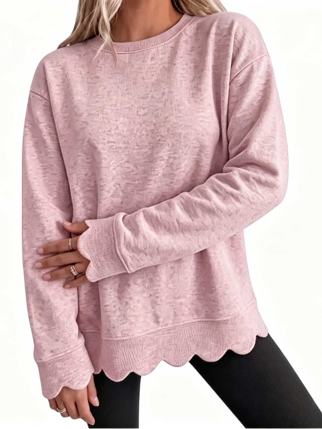 Women's Crew Neck Wavy Scallop Oversized Sweatshirt