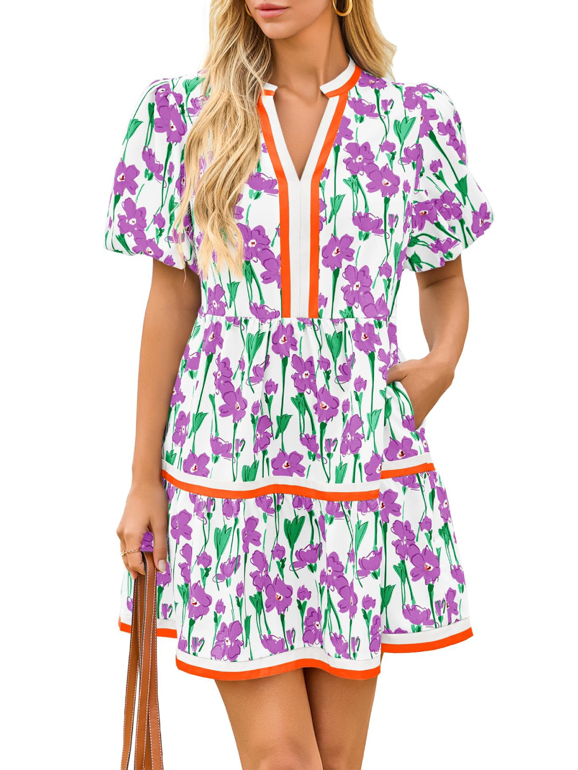 Womens V Neck Short Puff Sleeve Patchwork Floral Mini Dress