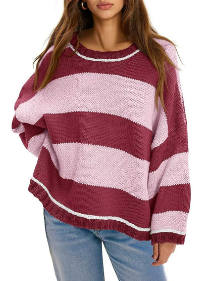 Womens Oversized Color Block Crewneck Knitted Sweaters Tops