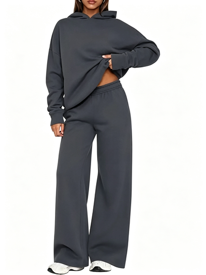 Women Oversized Hooded Pullover And High Rise Wide Leg Pants Coordinated Set