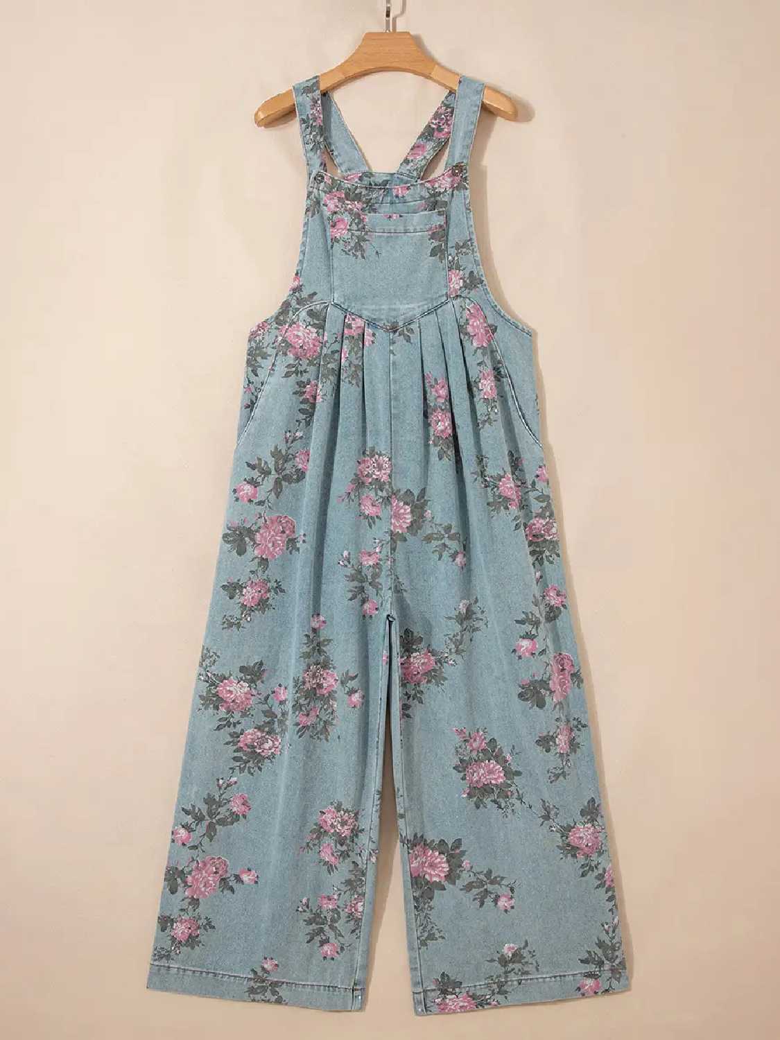 Women's Floral Print Trendy High Waist Wide Leg Denim Jumpsuit