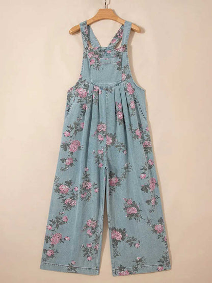 Women's Floral Print Trendy High Waist Wide Leg Denim Jumpsuit