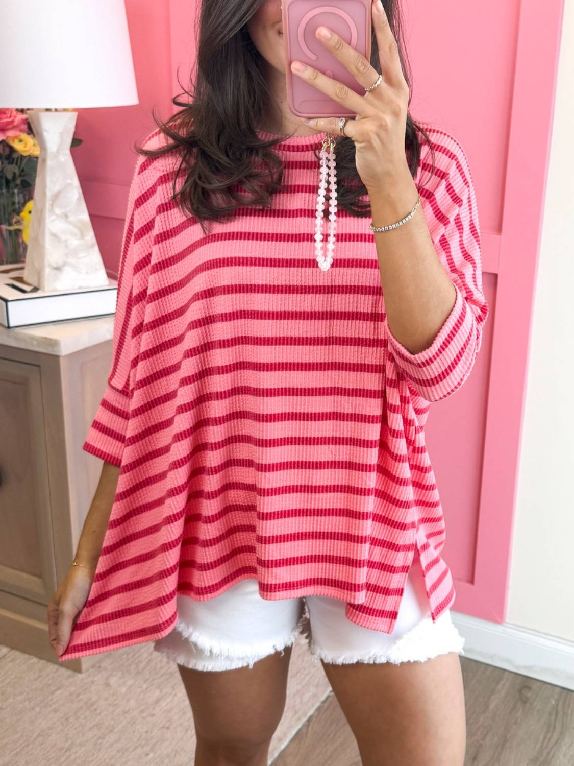 Women's Striped Ribbed Oversized 3/4 Sleeve Top