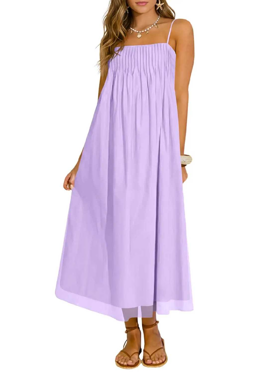Women's Spaghetti Straps Chiffon Casual Long Dress with Pockets