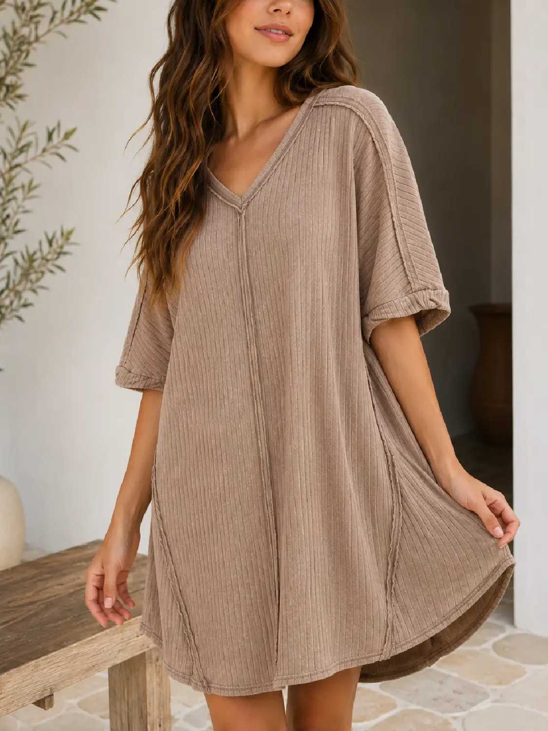 Women's Casual Ribbed Acid Washed Dress