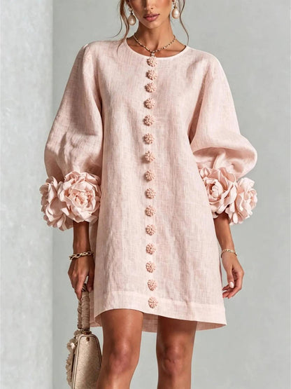 Women's Elegant Floral Cuff Puff Sleeve Linen Mini Dress