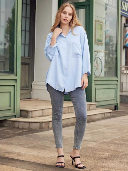 Womens Button Down Jean Shirts Denim Tencel 3/4 Sleeve Tops