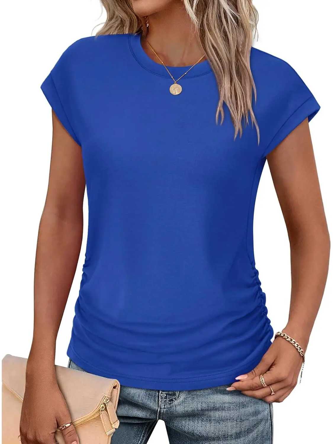 Womens Crew Neck Ruched Cap Short Sleeve Tshirts Shirts