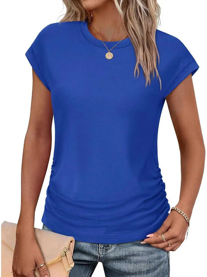 Womens Crew Neck Ruched Cap Short Sleeve Tshirts Shirts