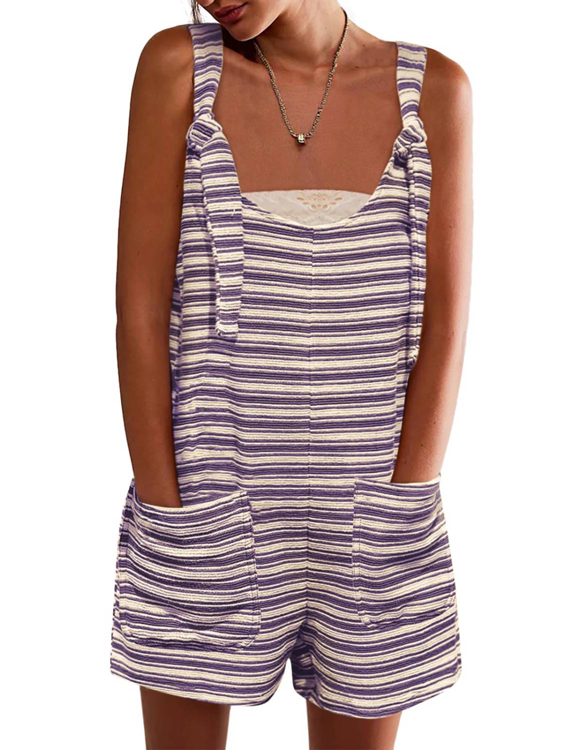 Womens Casual Loose Striped Tied Shorts Overalls Jumpsuit with Pockets