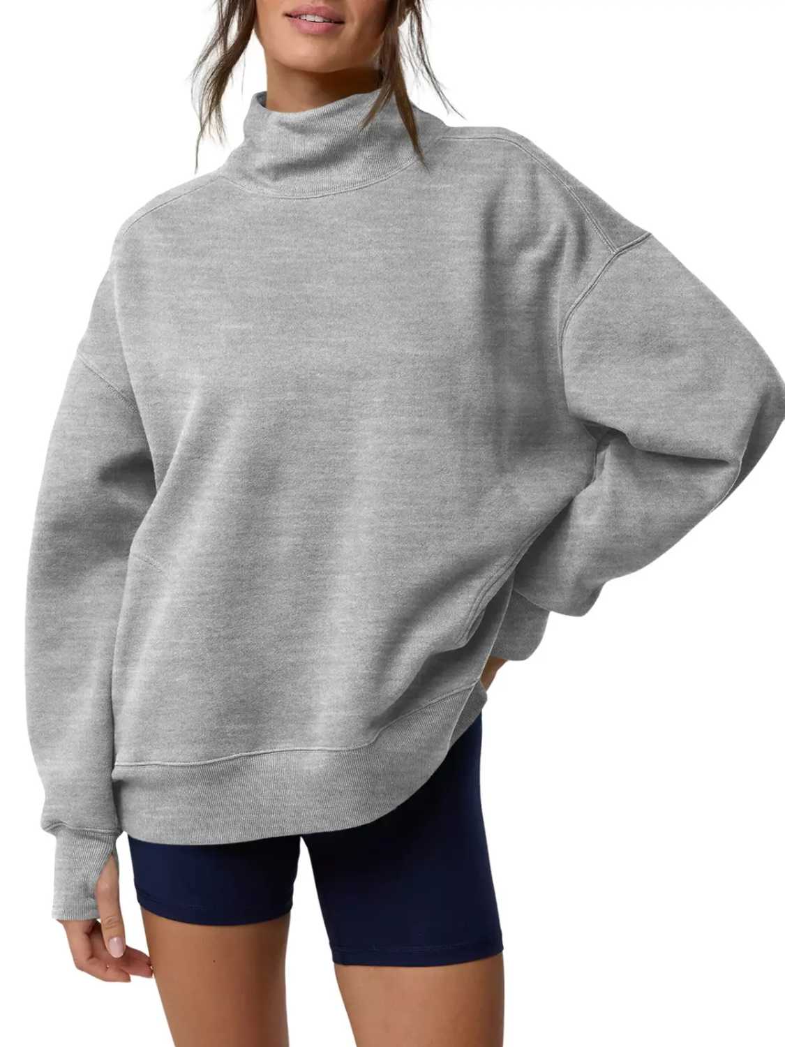 Women's Oversized Mock Neck Sweatshirt with Thumbholes