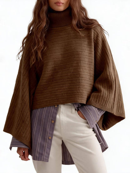 Women Turtleneck Funnel-Neck Poncho Soft Chunky Ribbed Knit Sweater