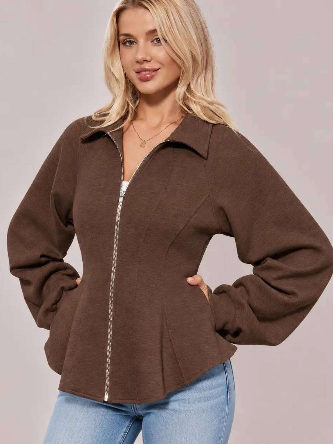 Women's Zip Up Ruched Sleeve Peplum Hem Jacket