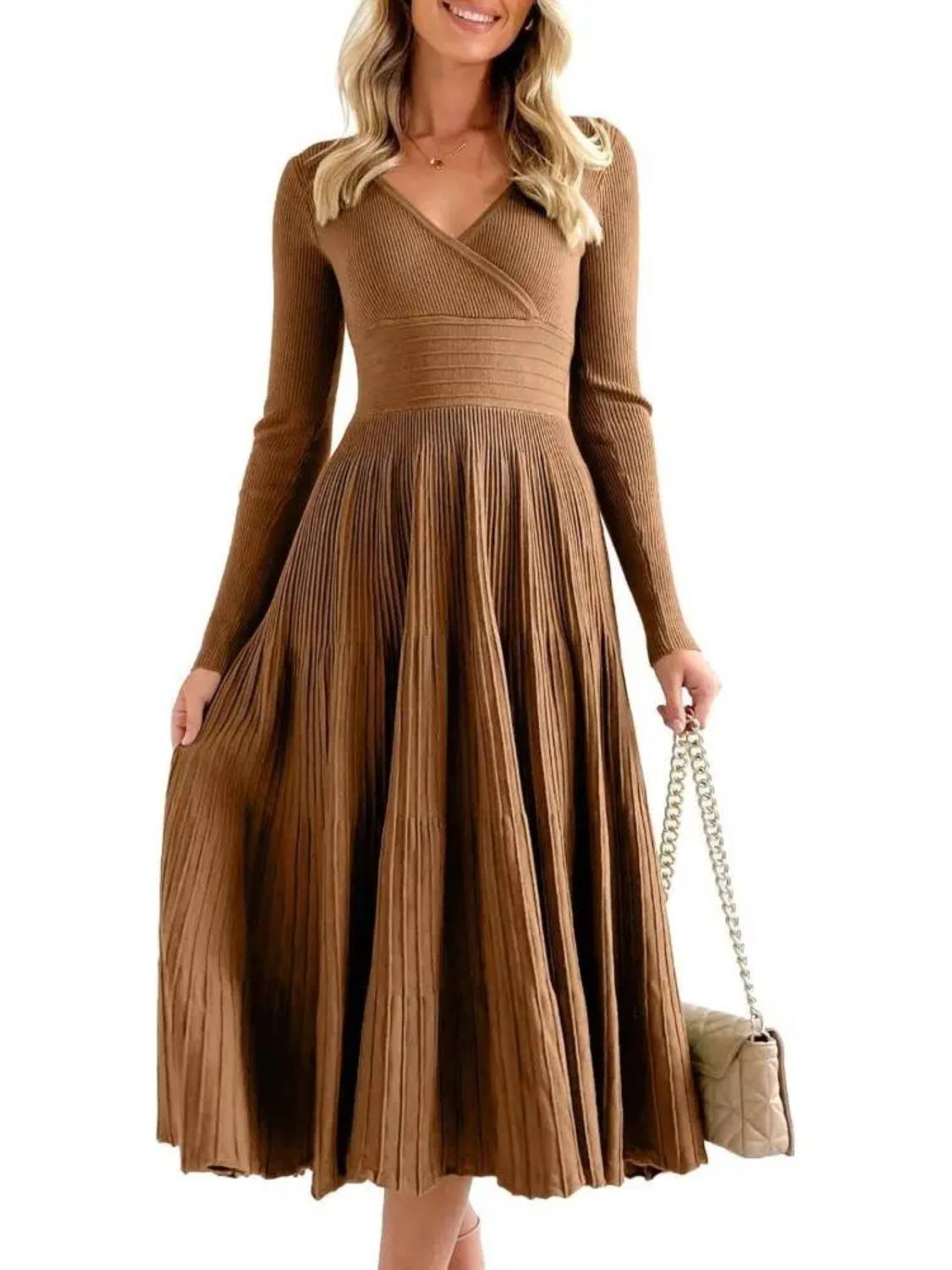 Womens Longsleeve Wrap V-Neck A-Line Sweater Dress