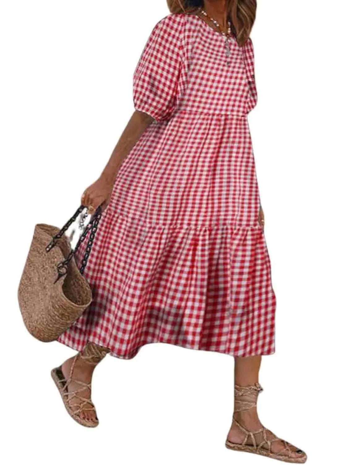 ⏰Hot Sale-Women's Retro Lantern Puff Sleeve Plaid Tiered Dress