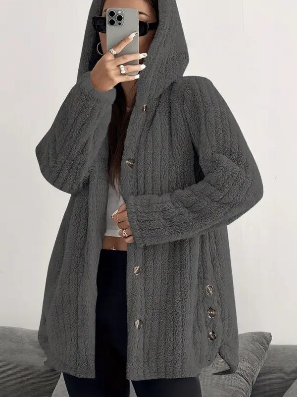 Side Slit Button Hooded Plush Outerwear