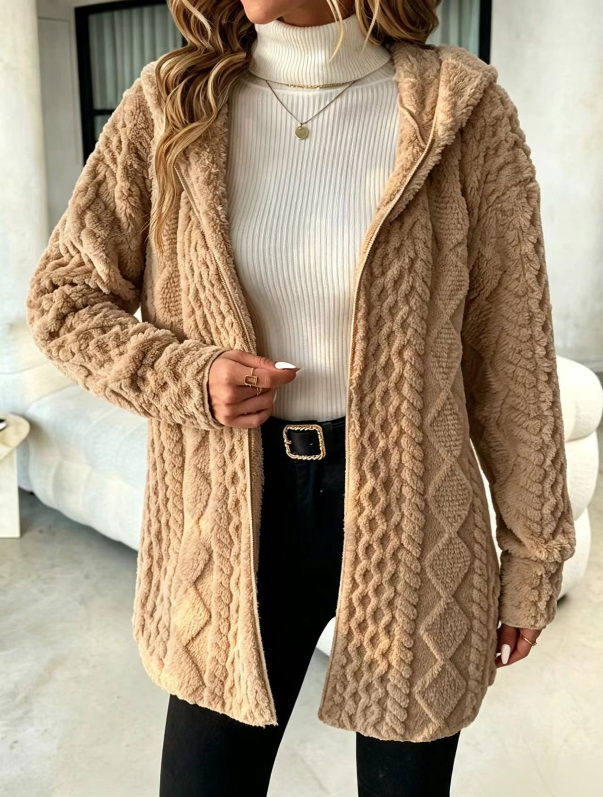 Women's Hooded Cable Texture Fleece Lined Cardigan