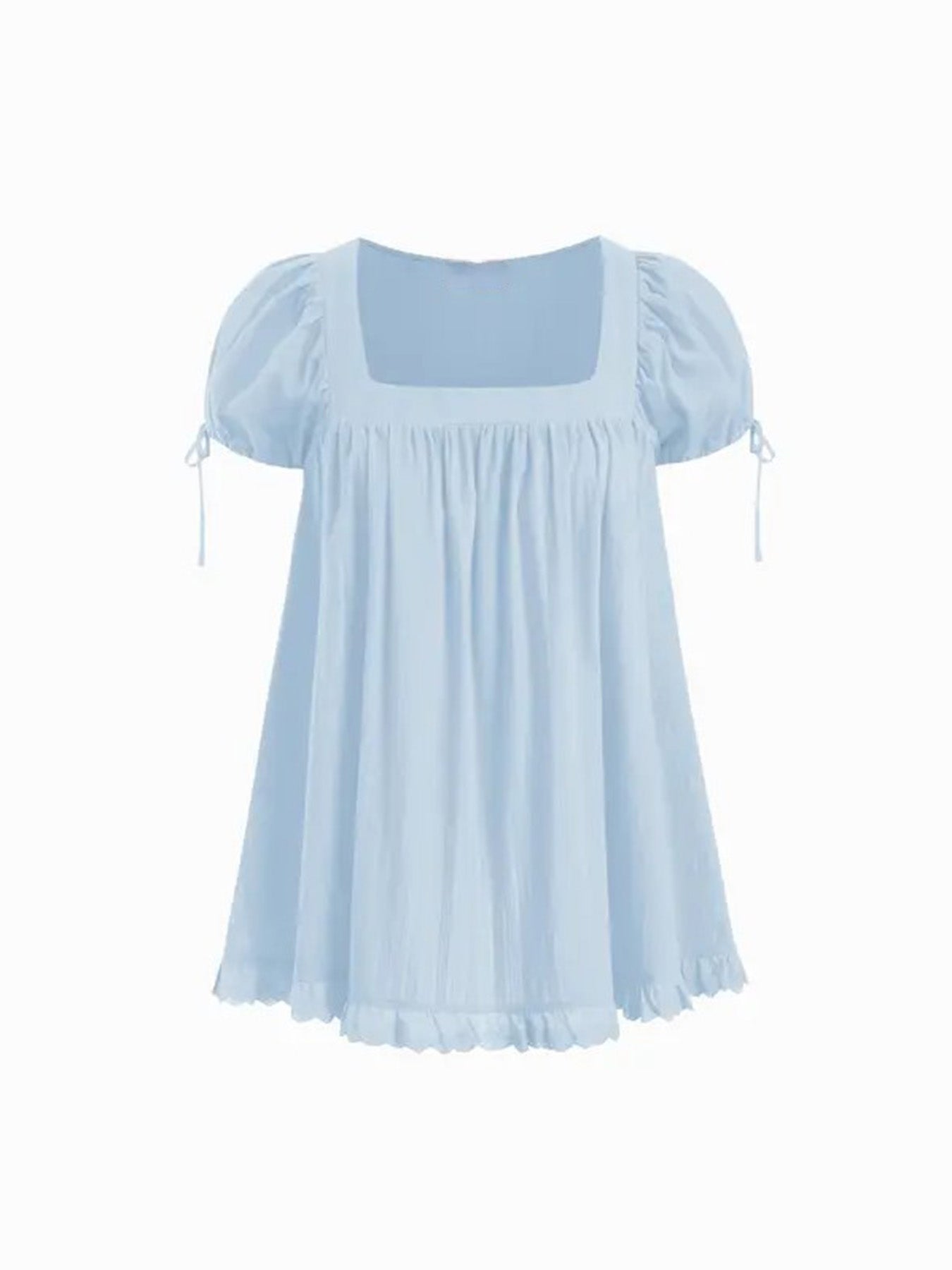 Sweet square neckline, ruffled chest, puff sleeves, adjustable silhouette, casual long shirt