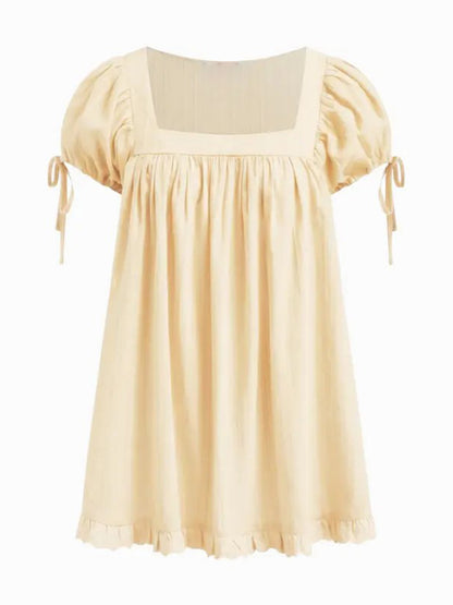 Sweet square neckline, ruffled chest, puff sleeves, adjustable silhouette, casual long shirt