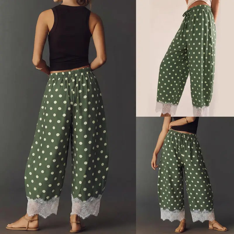 Polka Dot Lace Hem Elastic Waist Wide Leg Crop Pants