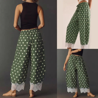 Polka Dot Lace Hem Elastic Waist Wide Leg Crop Pants