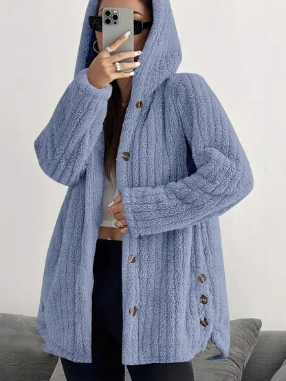 Side Slit Button Hooded Plush Outerwear