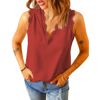 Lace Trim V Neck Sleeveless Stretch Tank Top