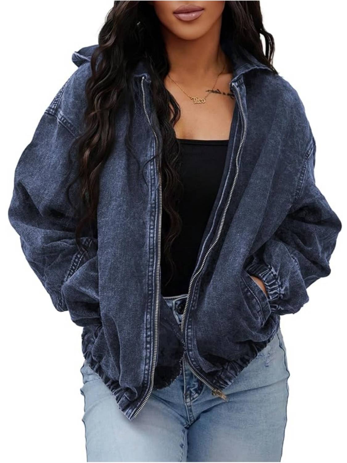 Women's Vintage Washed-Black Hooded Denim Jacket