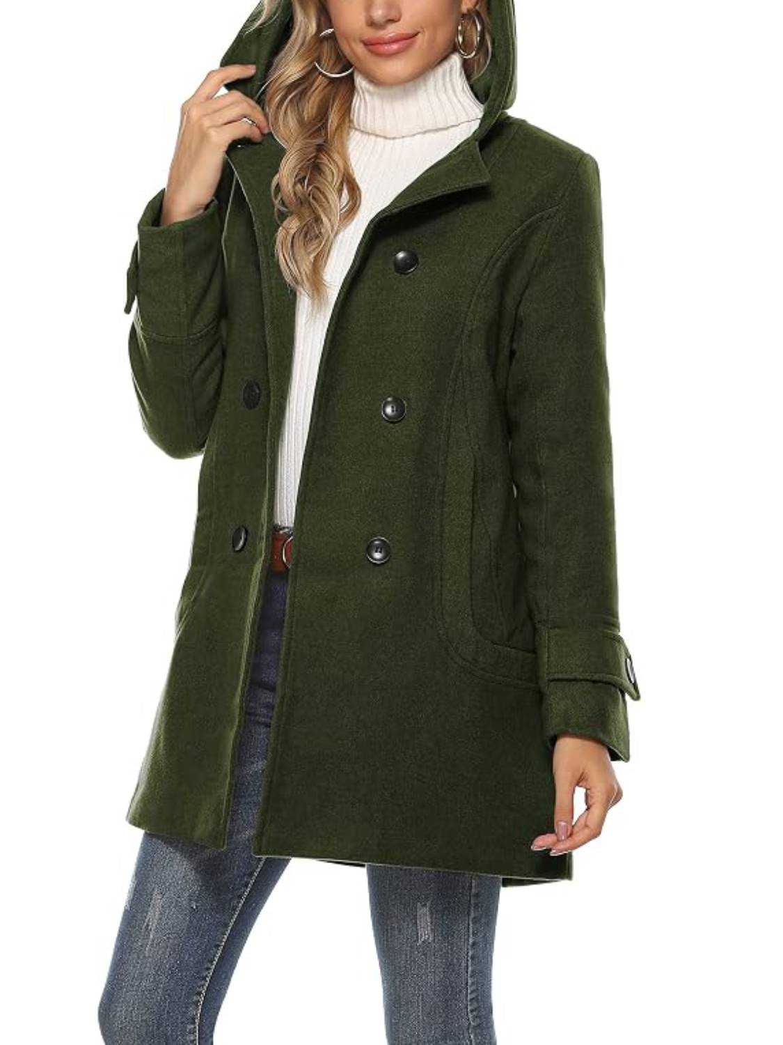 Women's Hooded Wool Blend Coat Mid Long Peacoats