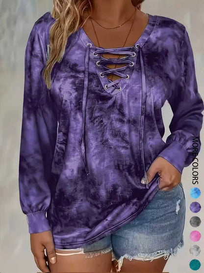 Women Tie Dye Lace Up Long Sleeve Top