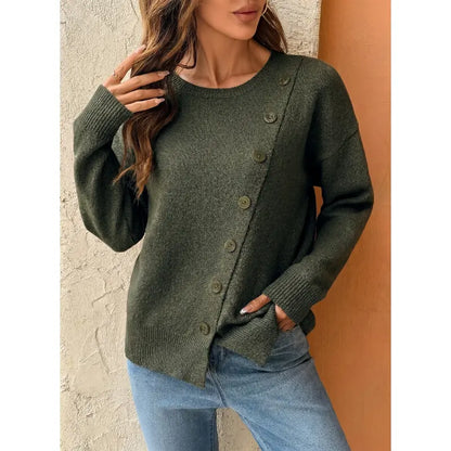 Women Long Sleeve Crew Neck Asymmetric Diagonal Button Knit Top